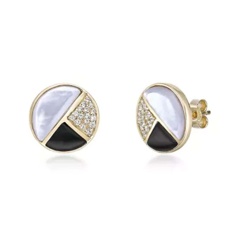 Gold Over Silver Half-Moon Mother-of-Pearl, Onyx and White Lab-Created Sapphire Stud Earrings