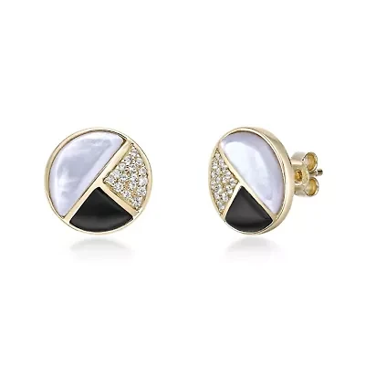 Gold Over Silver Half-Moon Mother-of-Pearl, Onyx and White Lab-Created Sapphire Stud Earrings
