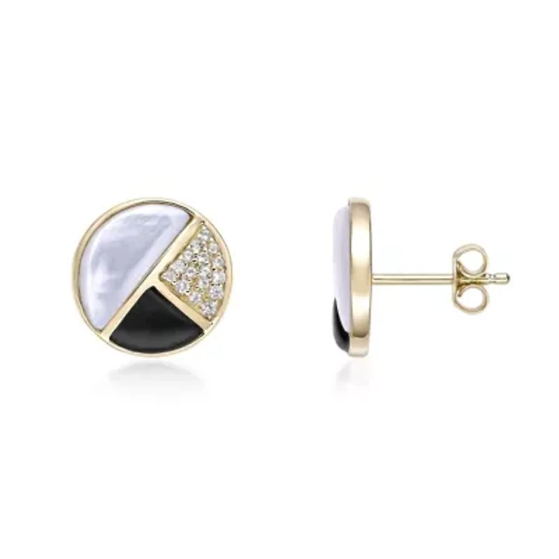 Gold Over Silver Half-Moon Mother-of-Pearl, Onyx and White Lab-Created Sapphire Stud Earrings