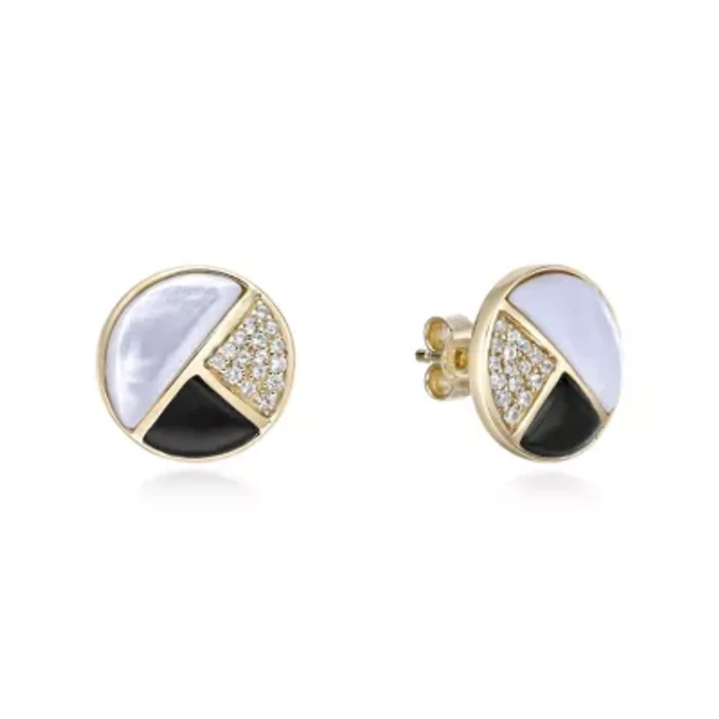 Gold Over Silver Half-Moon Mother-of-Pearl, Onyx and White Lab-Created Sapphire Stud Earrings
