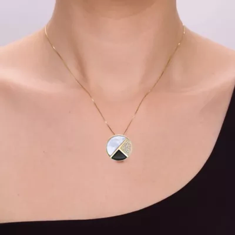 Gold Over Silver Half-Moon Mother-of-Pearl, Onyx and White Lab-Created Sapphire Pendant Necklace
