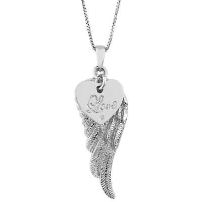Diamond Accent Angel Wing Love Disc Charm Pendant in Sterling Silver