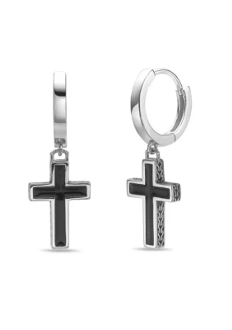 Black Enamel Cross Earrings in Sterling Silver