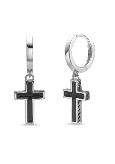 Black Enamel Cross Earrings in Sterling Silver