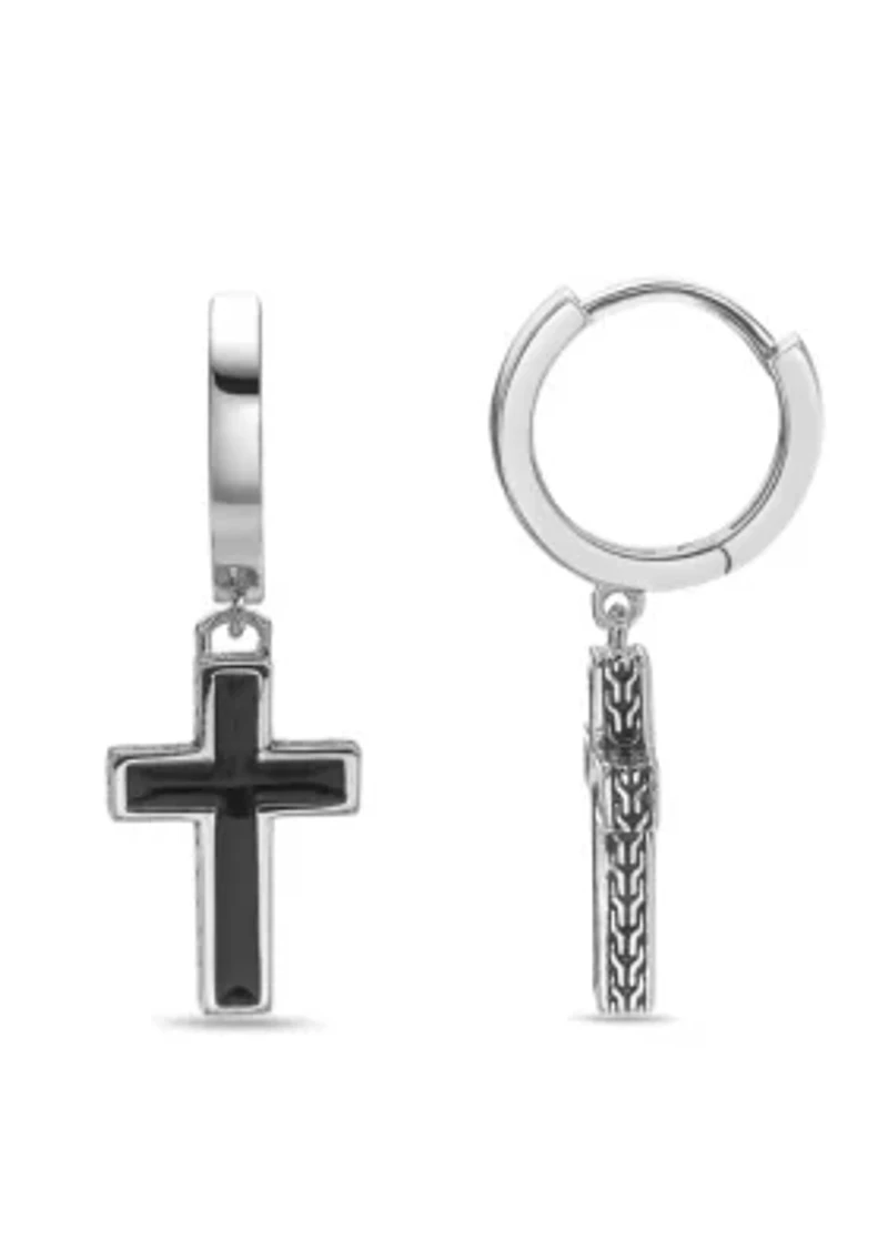 Black Enamel Cross Earrings in Sterling Silver