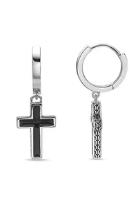 Black Enamel Cross Earrings in Sterling Silver
