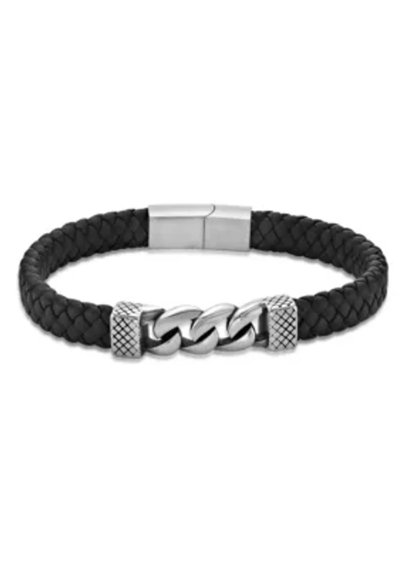 Stainless Steel & Leather Bracelet with Black Ip in 8.5"