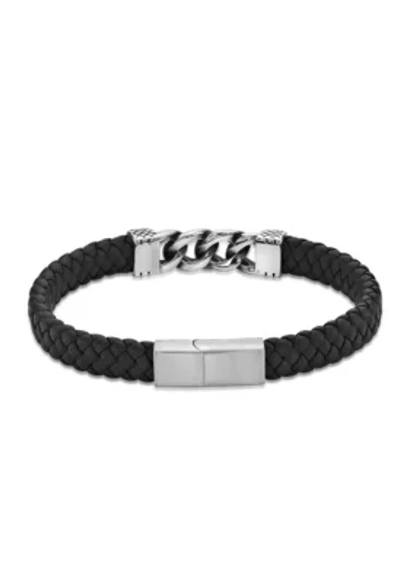 Stainless Steel & Leather Bracelet with Black Ip in 8.5"