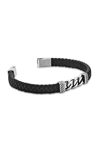 Stainless Steel & Leather Bracelet with Black Ip in 8.5"