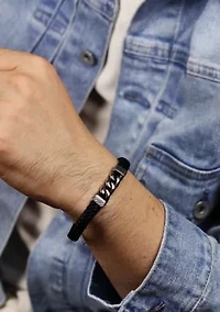 Stainless Steel & Leather Bracelet with Black Ip in 8.5"