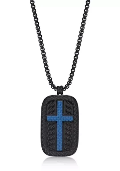 Stainless Steel Dog Tag pendant with Black & Blue Ip on 24" Round Box Chain
