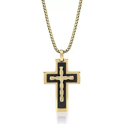 Black and Gold Tone Ion Plated Stainless Steel Cross Pendant Necklace
