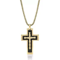 Black and Gold Tone Ion Plated Stainless Steel Cross Pendant Necklace