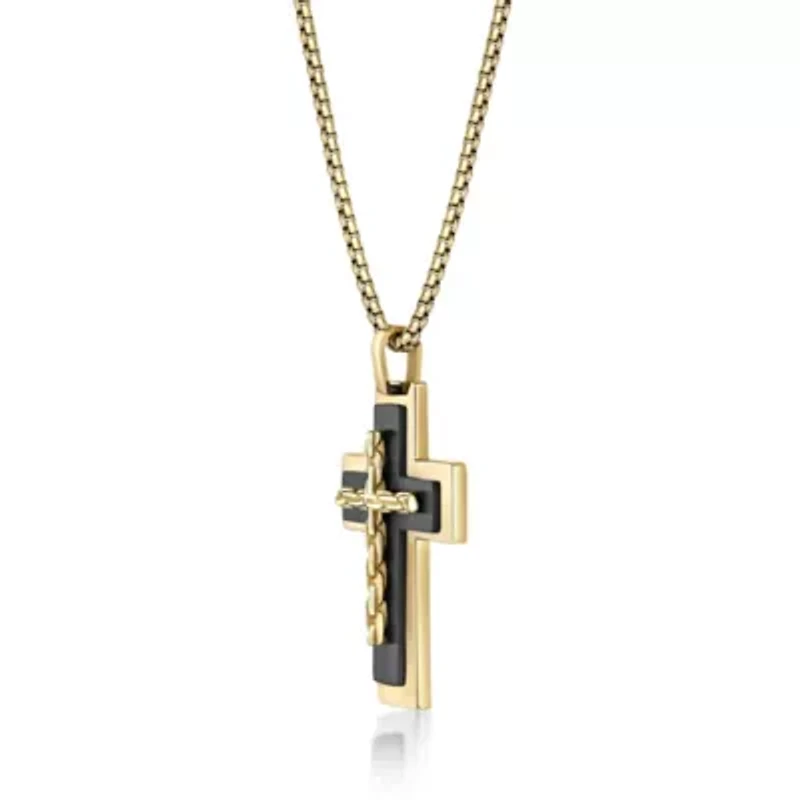 Black and Gold Tone Ion Plated Stainless Steel Cross Pendant Necklace