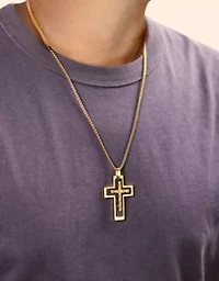 Black and Gold Tone Ion Plated Stainless Steel Cross Pendant Necklace