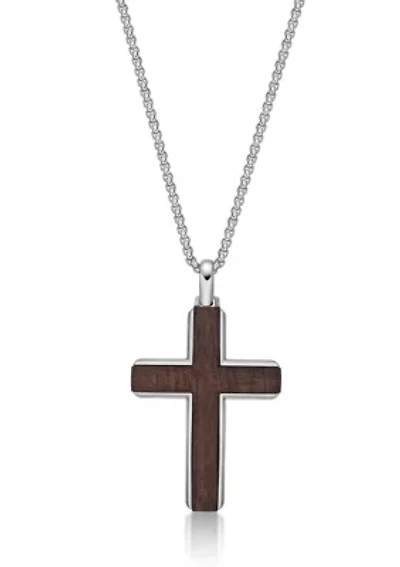 Stainless Steel Cross Pendant with Bubinga Wood Inlay and 24" Round Box Chain