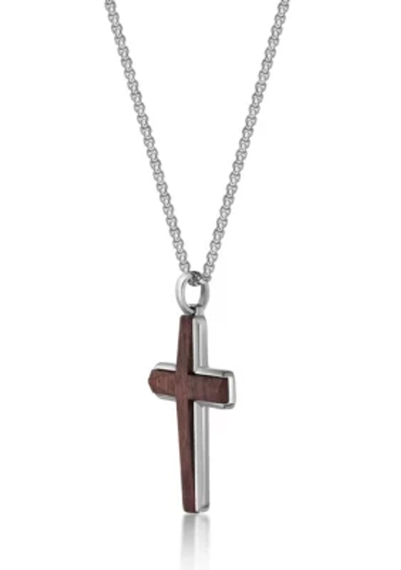 Stainless Steel Cross Pendant with Bubinga Wood Inlay and 24" Round Box Chain