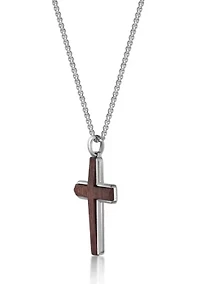 Stainless Steel Cross Pendant with Bubinga Wood Inlay and 24" Round Box Chain
