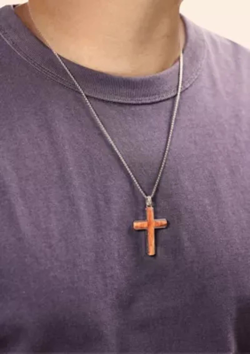 Stainless Steel Cross Pendant with Bubinga Wood Inlay and 24" Round Box Chain