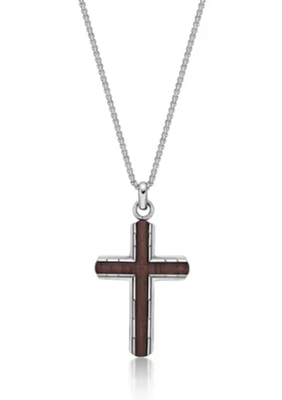 Stainless Steel Cross Pendant with Bubinga Wood Inlay and 24" Round Box Chain