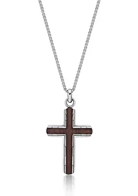 Stainless Steel Cross Pendant with Bubinga Wood Inlay and 24" Round Box Chain