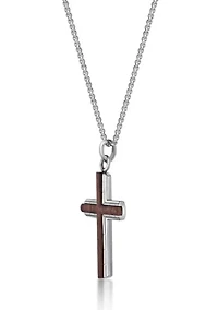 Stainless Steel Cross Pendant with Bubinga Wood Inlay and 24" Round Box Chain