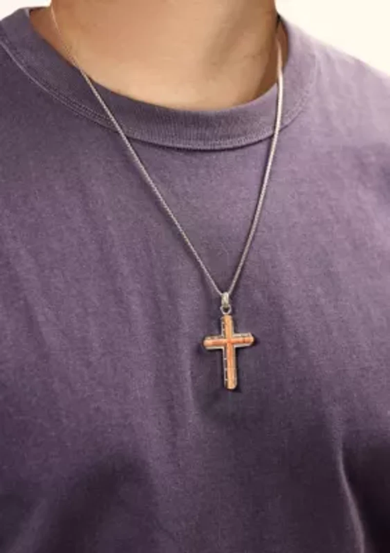 Stainless Steel Cross Pendant with Bubinga Wood Inlay and 24" Round Box Chain