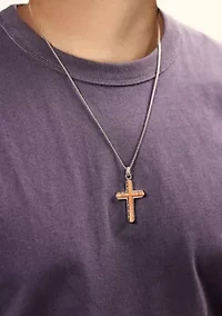 Stainless Steel Cross Pendant with Bubinga Wood Inlay and 24" Round Box Chain