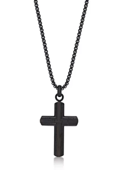 Black Ip Plated Stainless Steel Cross Pendant with Ebony Wood Inlay and 24" Round Box Chain
