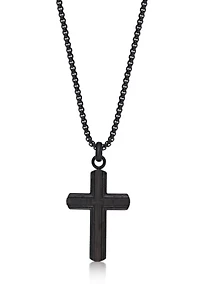 Black Ip Plated Stainless Steel Cross Pendant with Ebony Wood Inlay and 24" Round Box Chain