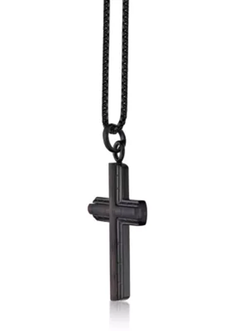 Black Ip Plated Stainless Steel Cross Pendant with Ebony Wood Inlay and 24" Round Box Chain