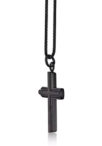 Black Ip Plated Stainless Steel Cross Pendant with Ebony Wood Inlay and 24" Round Box Chain