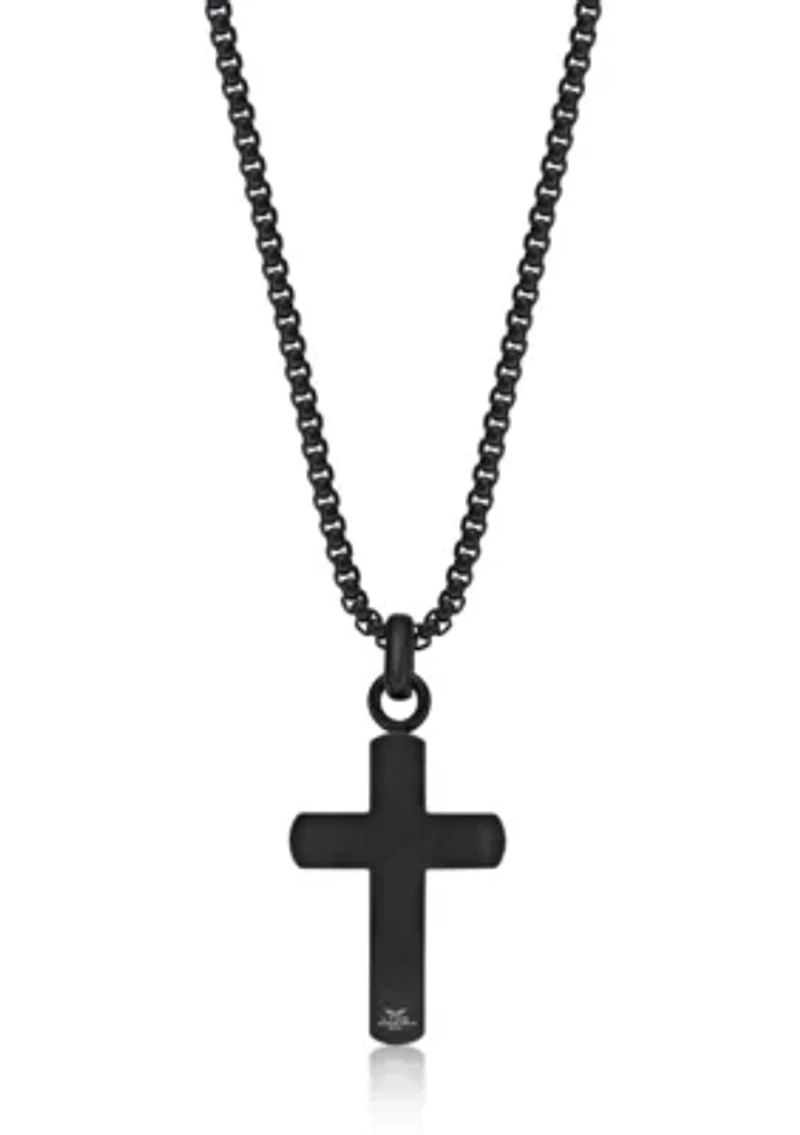 Black Ip Plated Stainless Steel Cross Pendant with Ebony Wood Inlay and 24" Round Box Chain