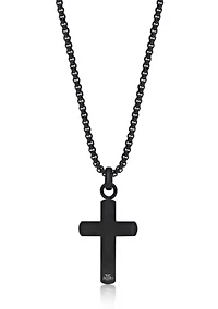 Black Ip Plated Stainless Steel Cross Pendant with Ebony Wood Inlay and 24" Round Box Chain