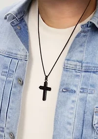 Black Ip Plated Stainless Steel Cross Pendant with Ebony Wood Inlay and 24" Round Box Chain