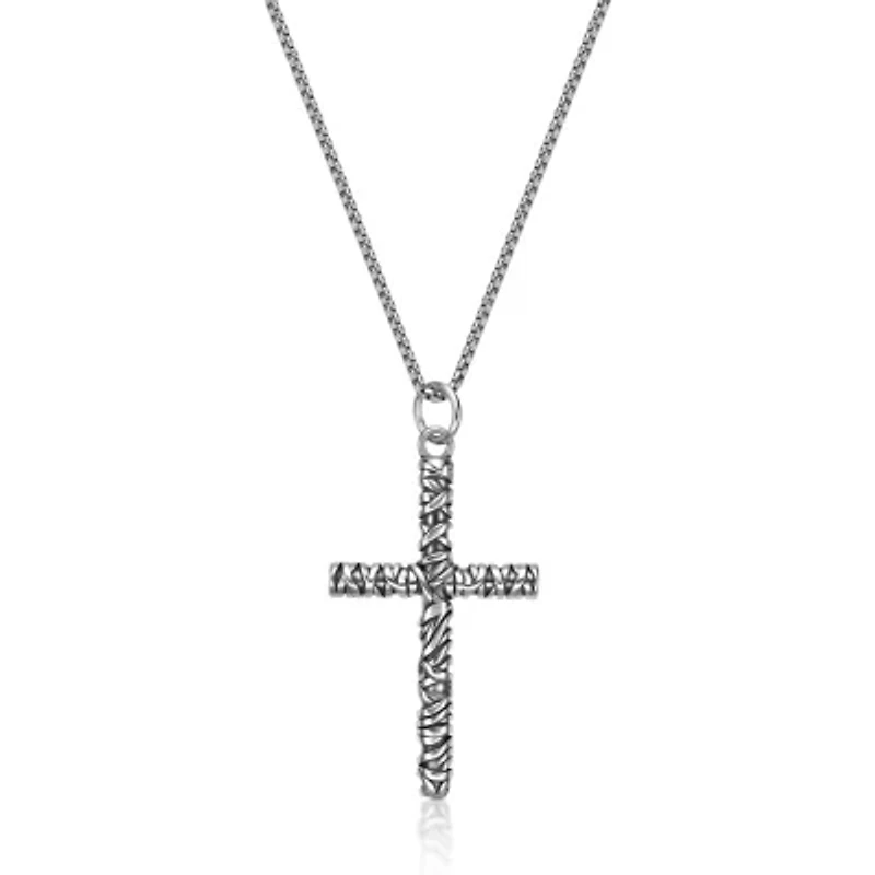 Antiqued Finish Stainless Steel Cross Pendant Necklace