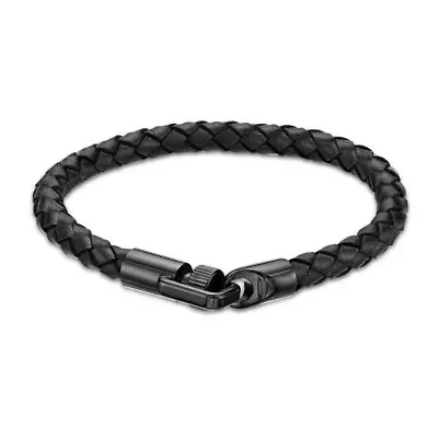 Black Ion Plated Stainless Steel Leather Bracelet