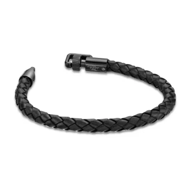 Black Ion Plated Stainless Steel Leather Bracelet