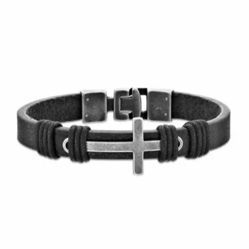 Stainless Steel Black Leather Cross Bracelet