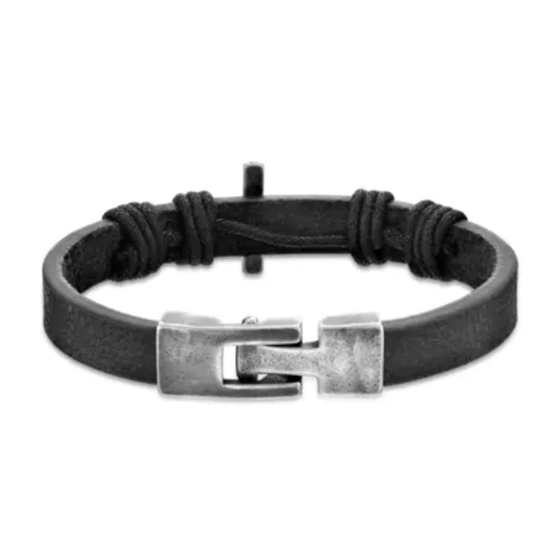 Stainless Steel Black Leather Cross Bracelet