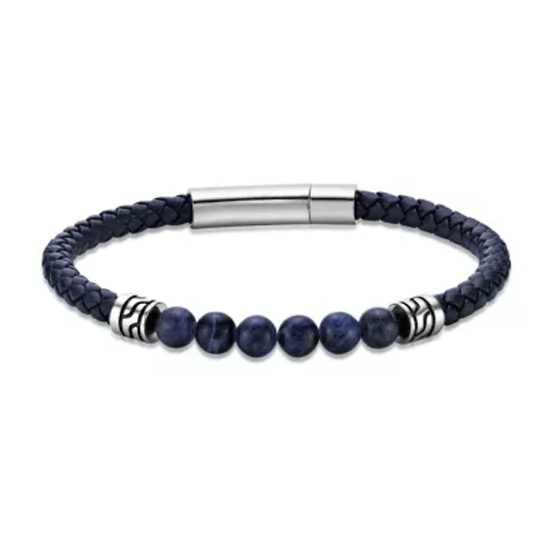 Stainless Steel Sodalite Beads and Blue Leather Bracelet