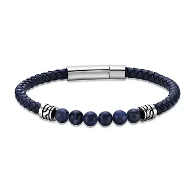 Stainless Steel Sodalite Beads and Blue Leather Bracelet