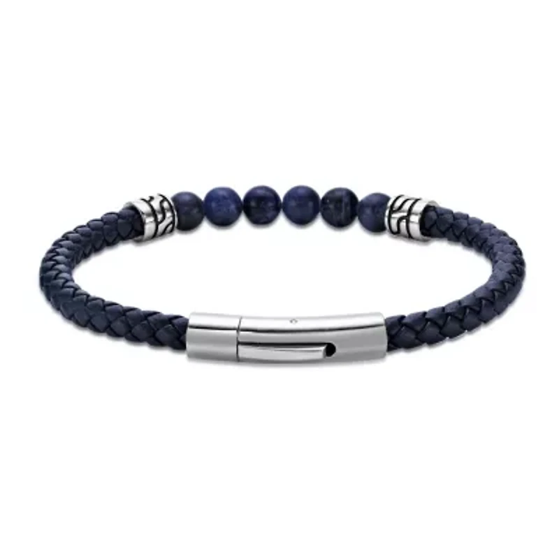 Stainless Steel Sodalite Beads and Blue Leather Bracelet