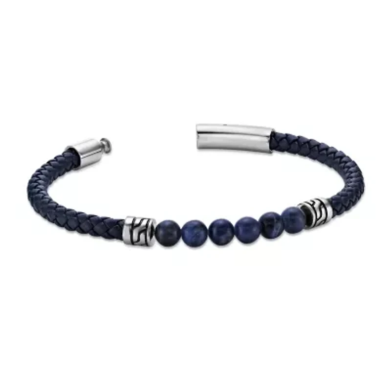 Stainless Steel Sodalite Beads and Blue Leather Bracelet