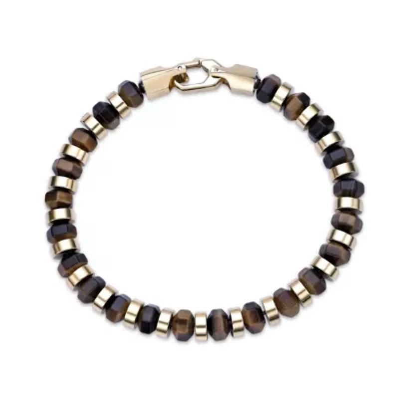 Yellow Ion-Plated Stainless Steel Tiger��s Eye Hexagon Bead Bracelet