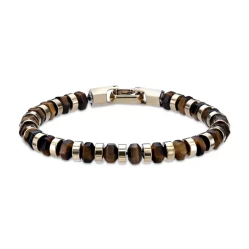 Yellow Ion-Plated Stainless Steel Tiger��s Eye Hexagon Bead Bracelet