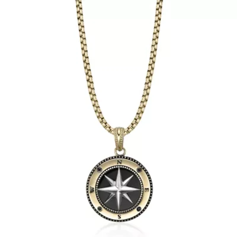 Stainless Steel Black Agate & Black Spinel Compass Pendant Necklace