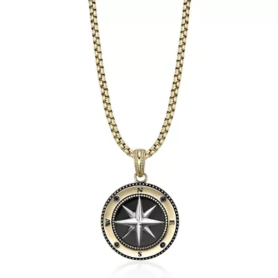 Stainless Steel Black Agate & Black Spinel Compass Pendant Necklace