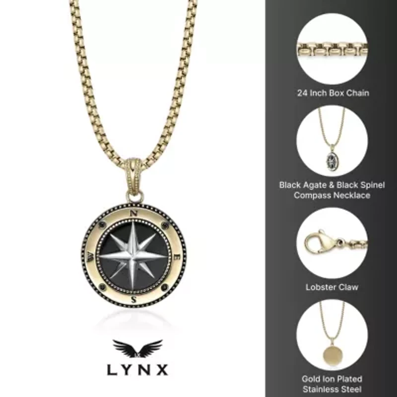 Stainless Steel Black Agate & Black Spinel Compass Pendant Necklace