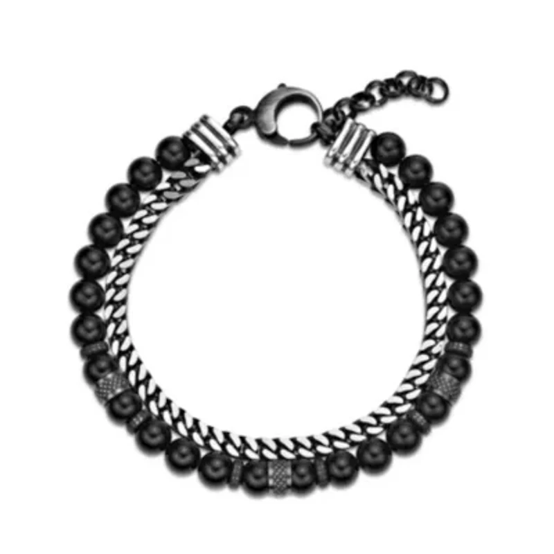 Stainless Steel Black Agate Bead Foxtail Chain Bracelet